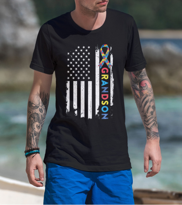 Autism Awareness American Flag Grandson Kids T-Shirt