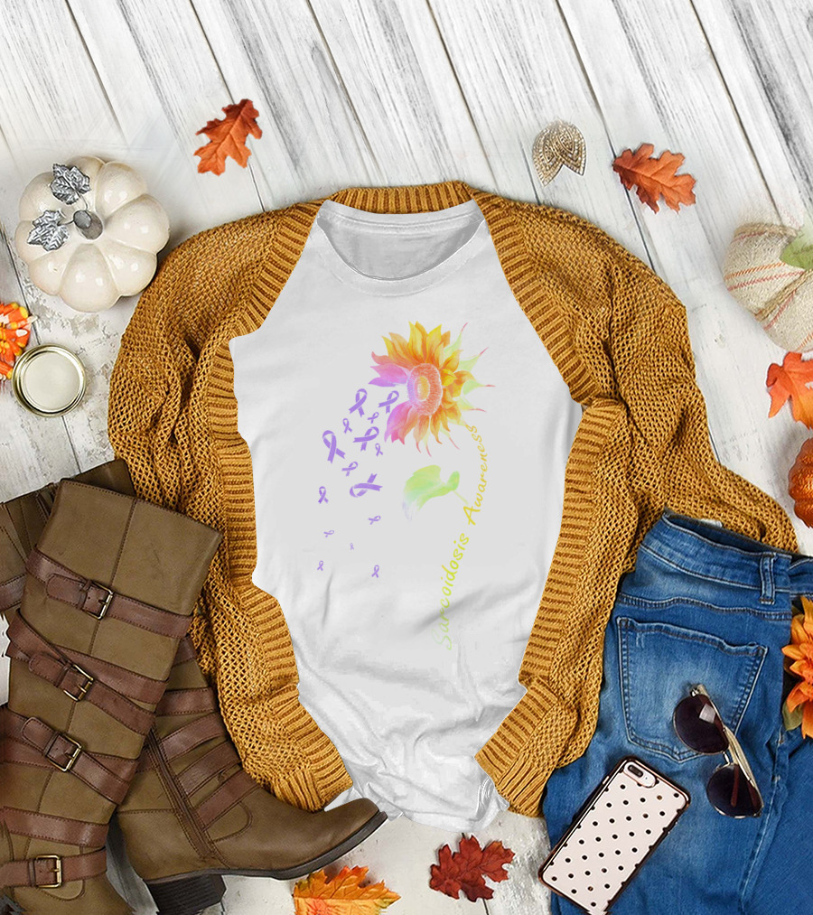 Sarcoidosis Awareness Sunflower with Purple Ribbons T-Shirt