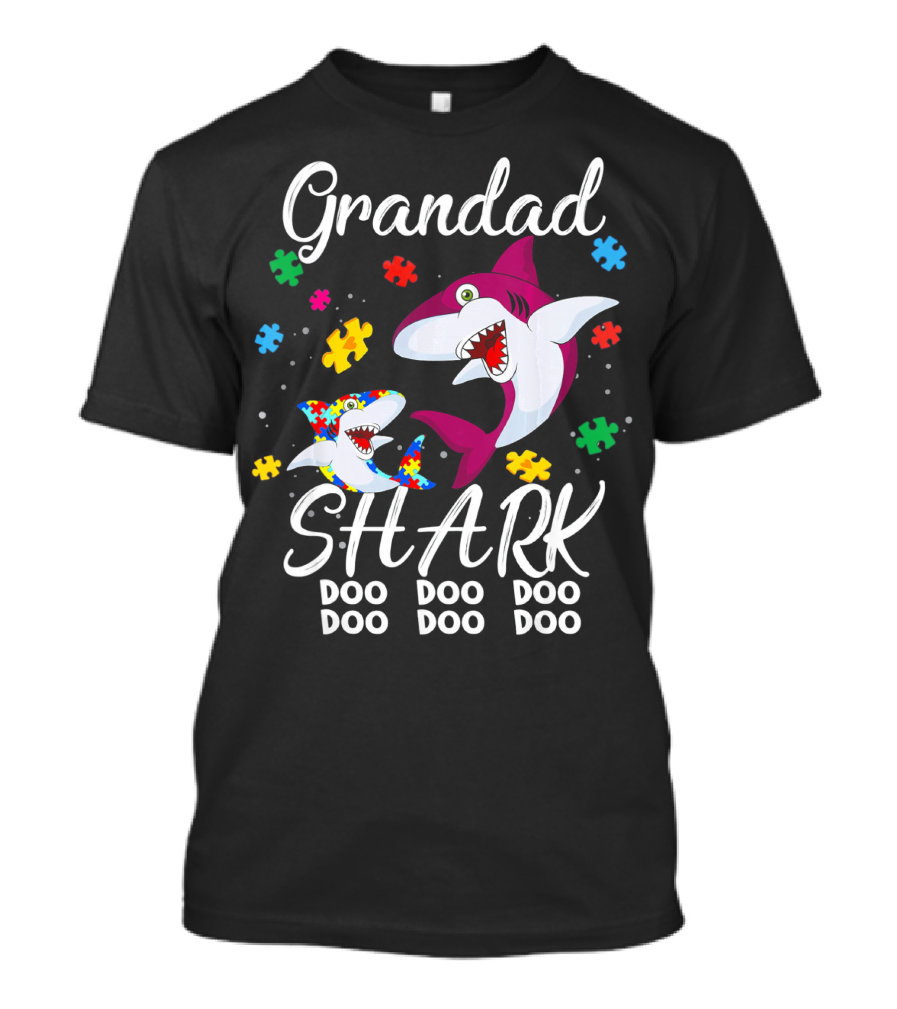 Grandad Shark Doo Doo Doo Doo Autism Awareness Puzzle Pieces T-Shirt
