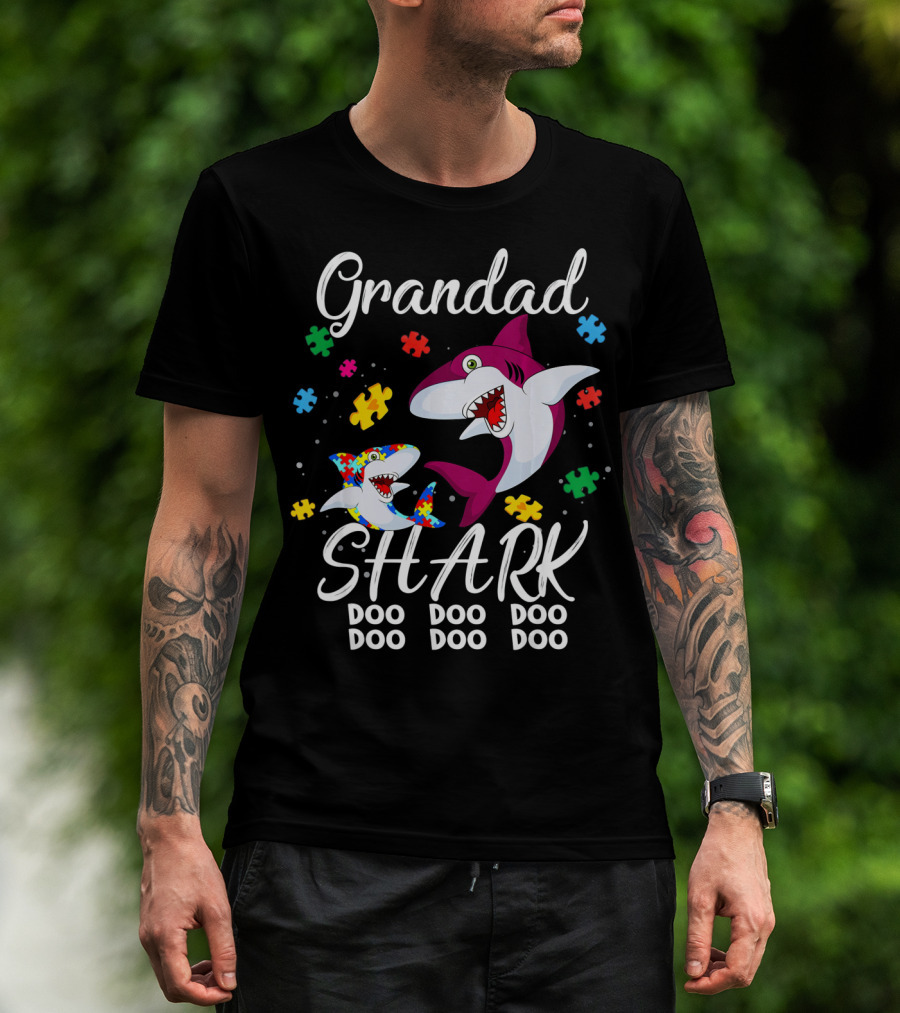 Grandad Shark Doo Doo Doo Doo Autism Awareness Puzzle Pieces T-Shirt