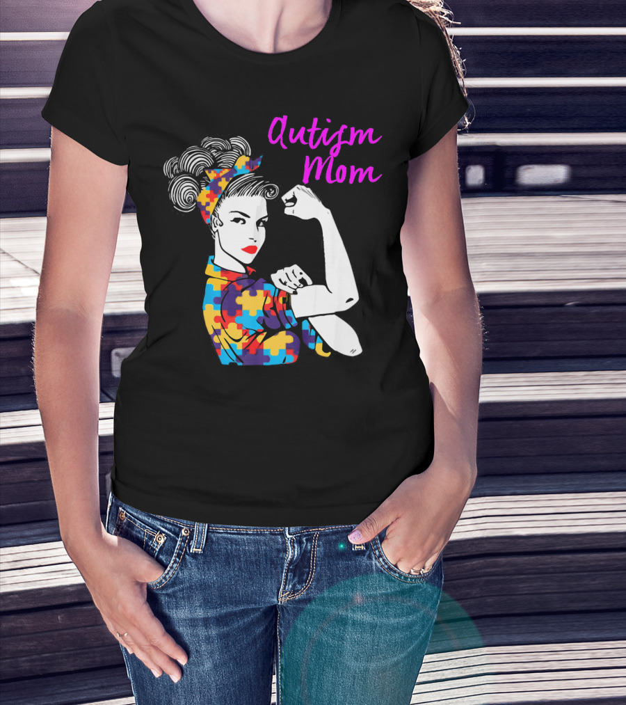 Autism Mom Awareness Iconic Rosie The Riveter Puzzle T-Shirt