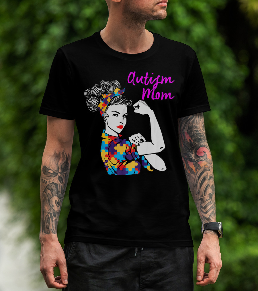 Autism Mom Awareness Iconic Rosie The Riveter Puzzle T-Shirt
