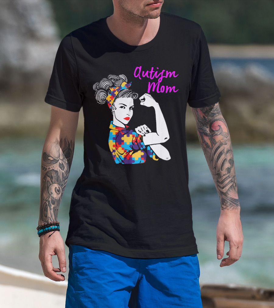 Autism Mom Awareness Iconic Rosie The Riveter Puzzle T-Shirt