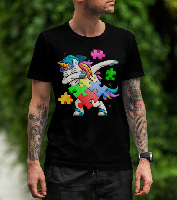 Autism Awareness Dabbing Unicorn Rainbow Puzzle Pieces T-Shirt