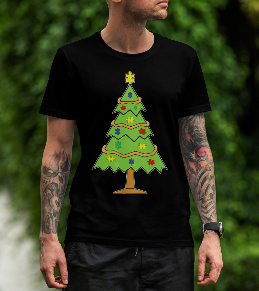 Autism Awareness Christmas Tree With Colorful Puzzle Pieces T-Shirt