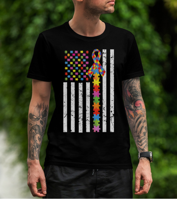 Autism Awareness US Flag Puzzle Ribbon T-Shirt