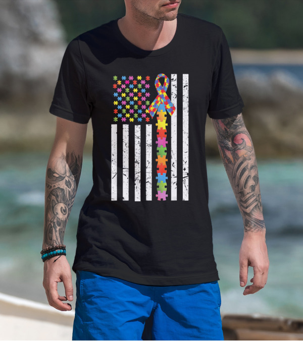Autism Awareness US Flag Puzzle Ribbon T-Shirt