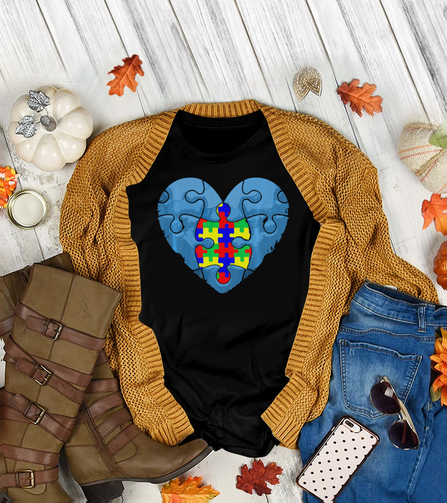 Love Doesn't Need Words Heart Puzzle Autism Awareness T-Shirt