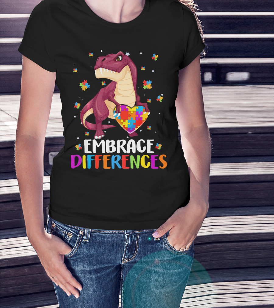 Embrace Differences Dinosaur Puzzle Pieces Autism Awareness T-Shirt
