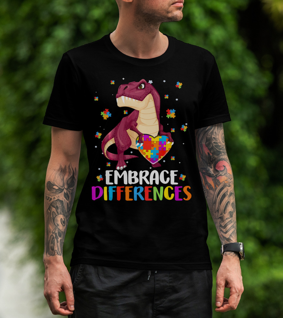 Embrace Differences Dinosaur Puzzle Pieces Autism Awareness T-Shirt