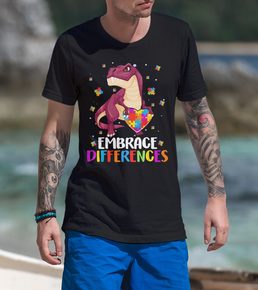 Embrace Differences Dinosaur Puzzle Pieces Autism Awareness T-Shirt