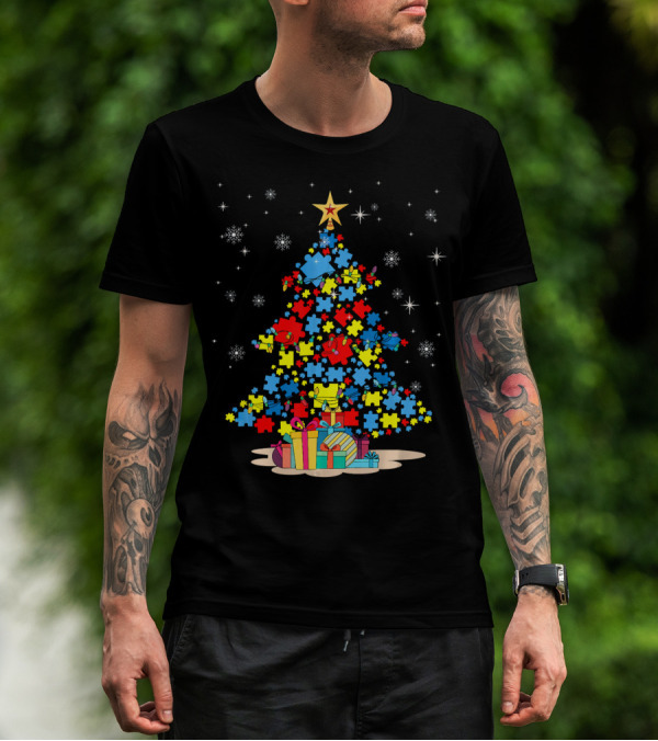 Puzzle Pieces Christmas Tree Autism Awareness Holiday T-Shirt