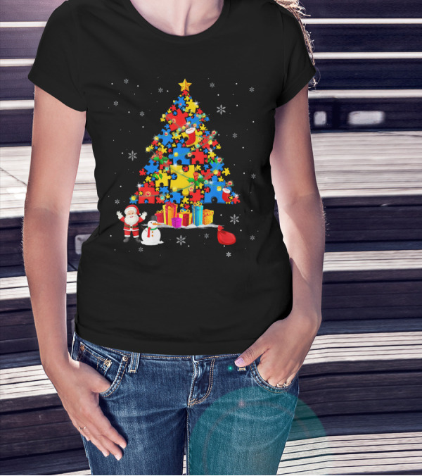 Christmas Trees Autism Awareness Santa Puzzle Snowflakes T-Shirt