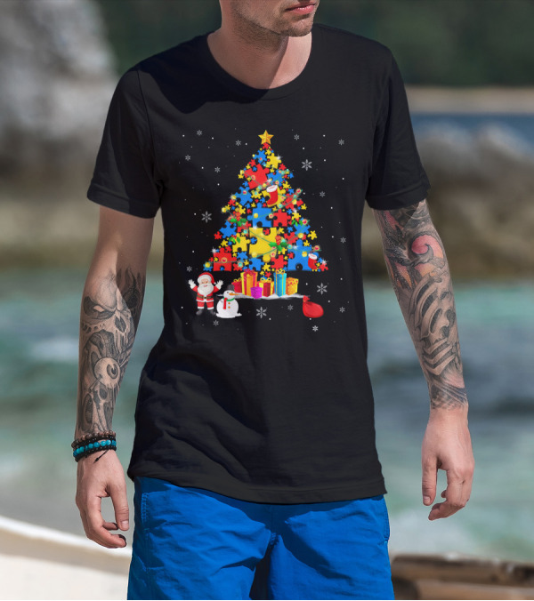Christmas Trees Autism Awareness Santa Puzzle Snowflakes T-Shirt