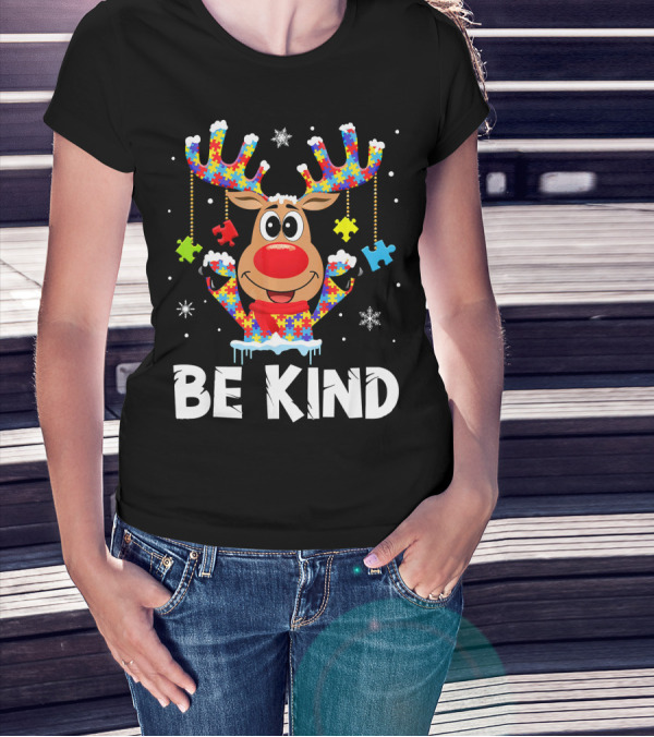 Be Kind Reindeer Puzzle Pieces Autism Awareness T-Shirt