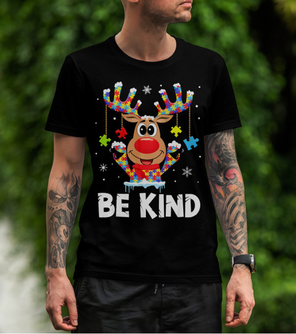 Be Kind Reindeer Puzzle Pieces Autism Awareness T-Shirt