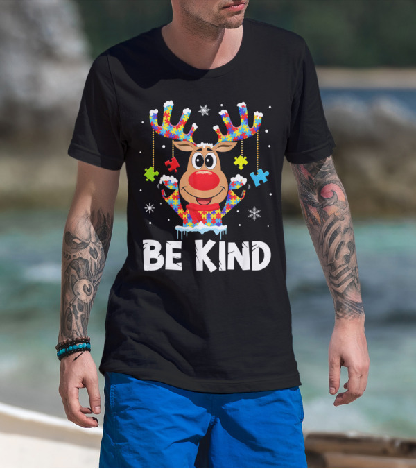 Be Kind Reindeer Puzzle Pieces Autism Awareness T-Shirt