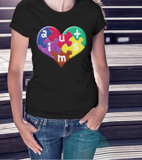 Autism Awareness Heart Puzzle Pieces Love Smile Colorful T-Shirt