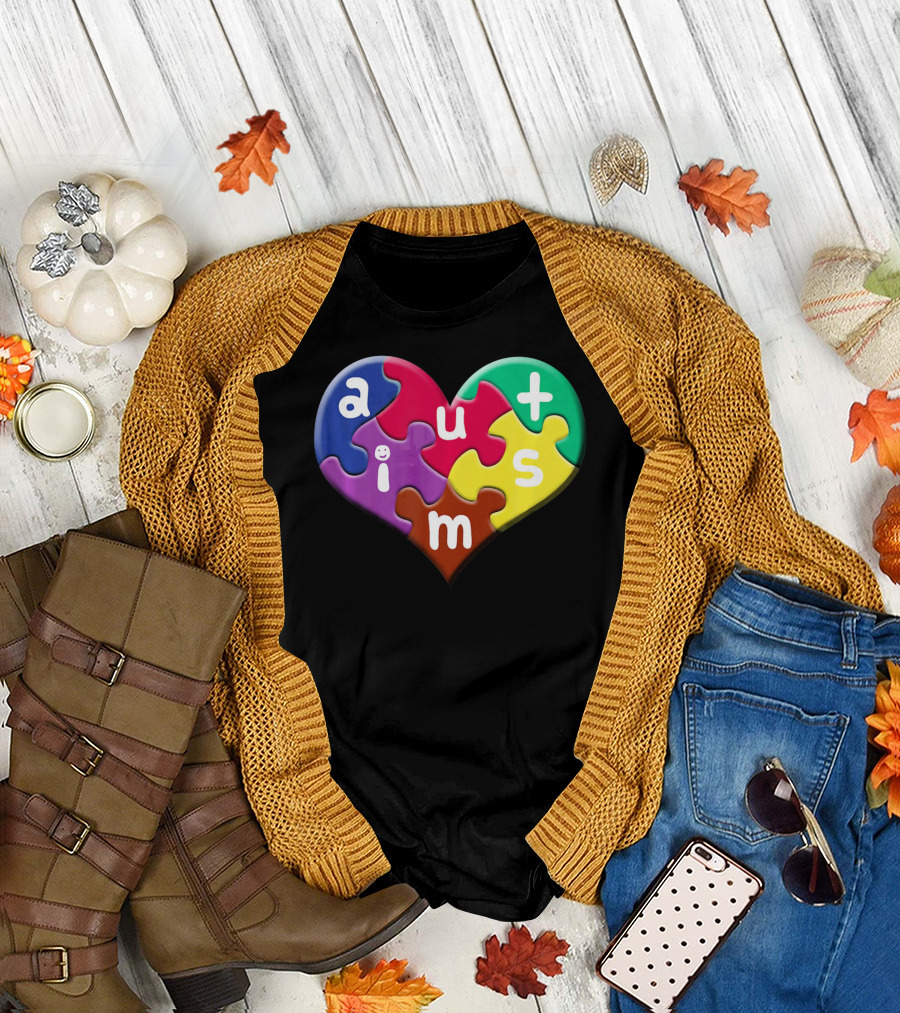 Autism Awareness Heart Puzzle Pieces Love Smile Colorful T-Shirt