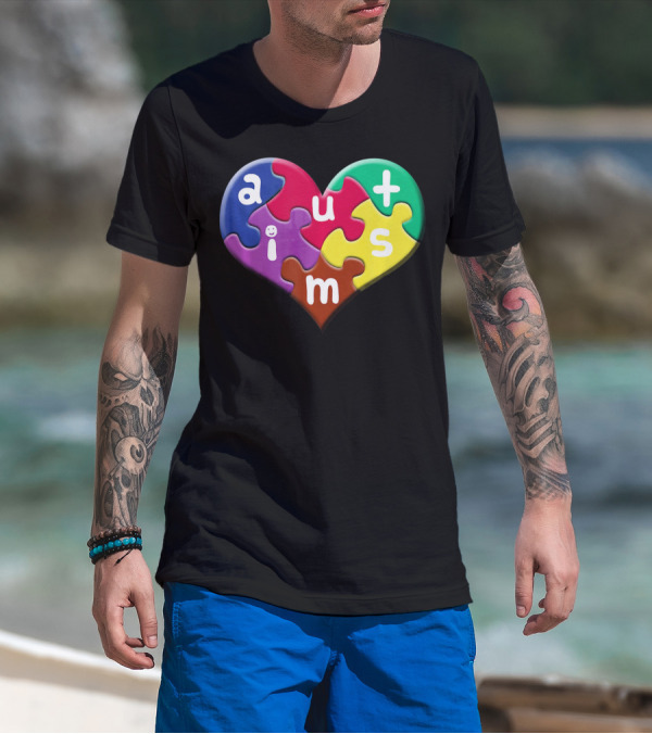 Autism Awareness Heart Puzzle Pieces Love Smile Colorful T-Shirt