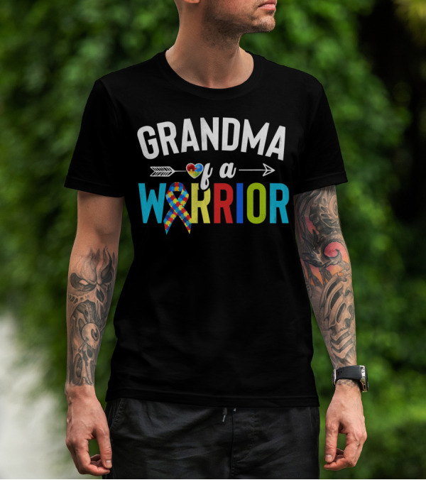 Grandma Of A Warrior Autism Heart Arrow Puzzle T-Shirt