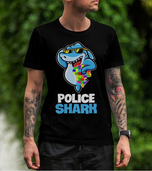 Police Shark Holding Autism Awareness Puzzle Heart T-Shirt