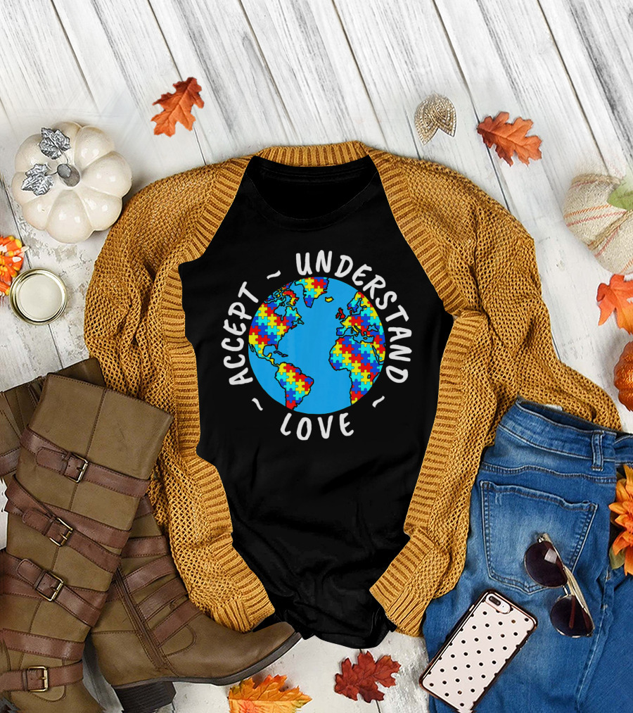 Accept Understand Love Autism Awareness World Puzzle T-Shirt