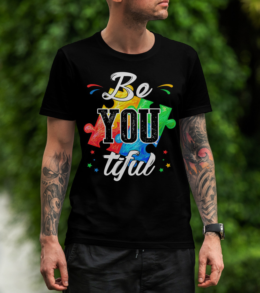 Be You Tiful Autism Awareness Colorful Puzzle Pieces With Stars T-Shirt