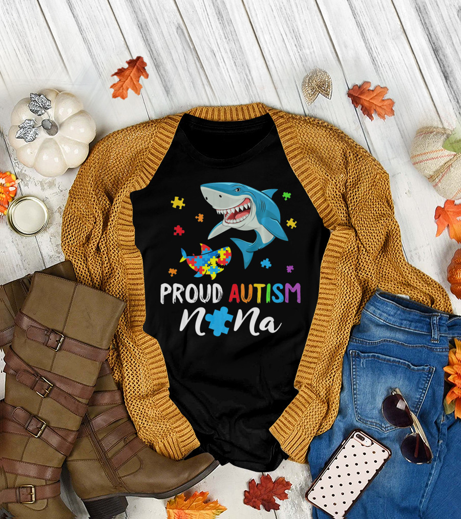 Proud Autism Nana Shark with Colorful Puzzle Pieces T-Shirt