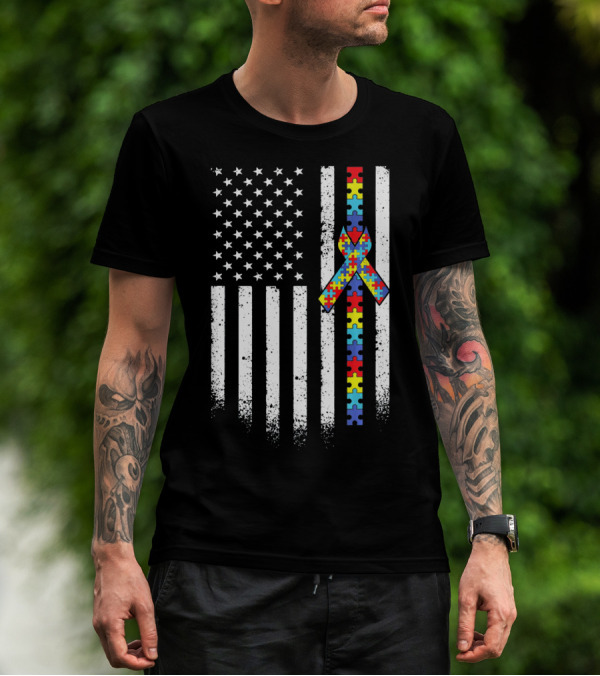 Autism Awareness American Flag With Puzzle Piece T-Shirt
