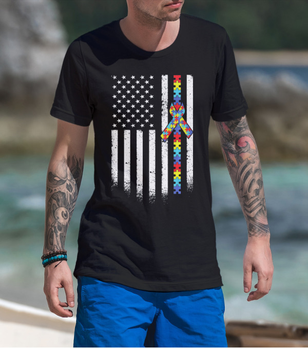 Autism Awareness American Flag With Puzzle Piece T-Shirt