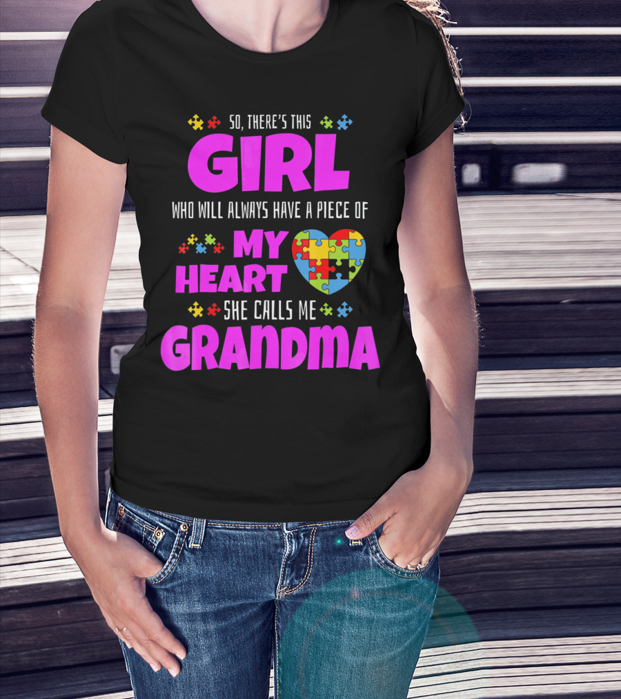 Autism Awareness Puzzle Heart Girl Grandma Love T-Shirt
