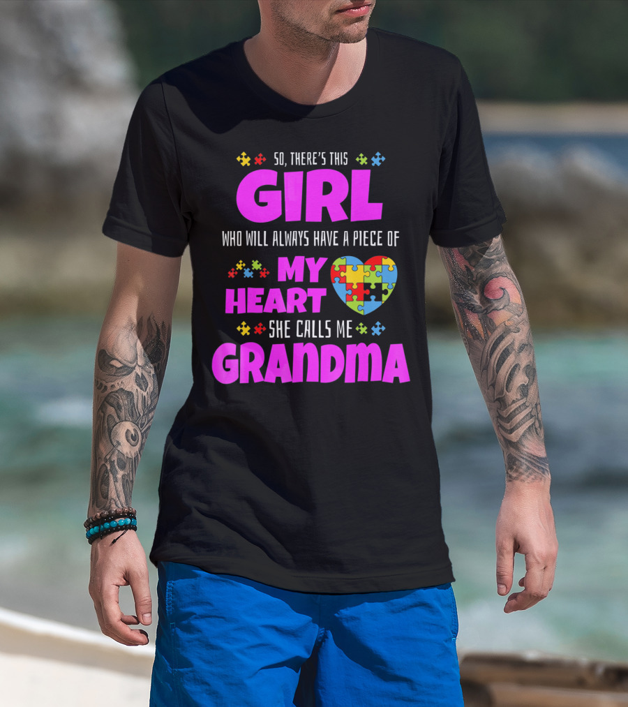 Autism Awareness Puzzle Heart Girl Grandma Love T-Shirt