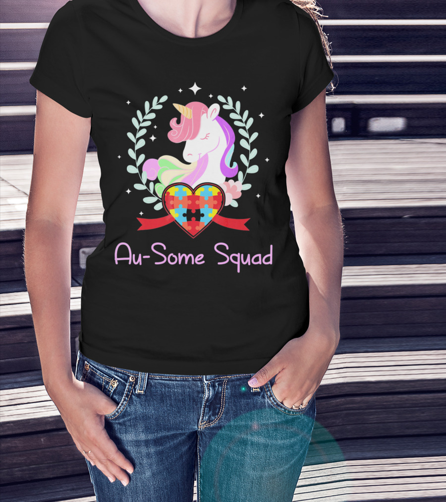 Au Some Squad Autism Awareness Unicorn Puzzle Heart T-Shirt