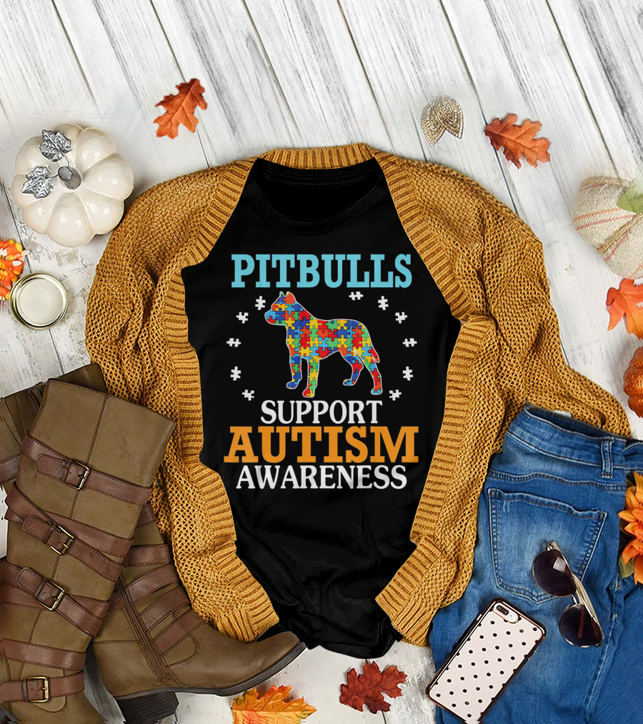 Pitbulls Support Autism Awareness Puzzle Heart T-Shirt