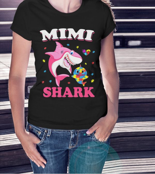 Mimi Shark Autism Awareness Puzzle Heart Colorful Sharks T-Shirt
