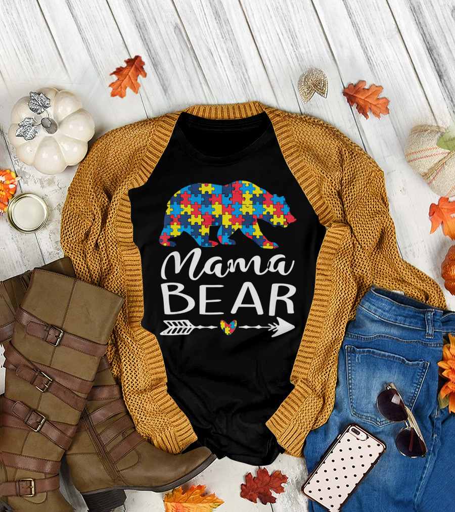 Mama Bear Autism Awareness Puzzle Heart Arrow T-Shirt
