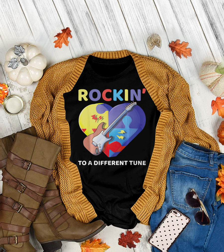 Rockin' To A Different Tune Autism Awareness Guitar Heart Puzzle T-Shirt