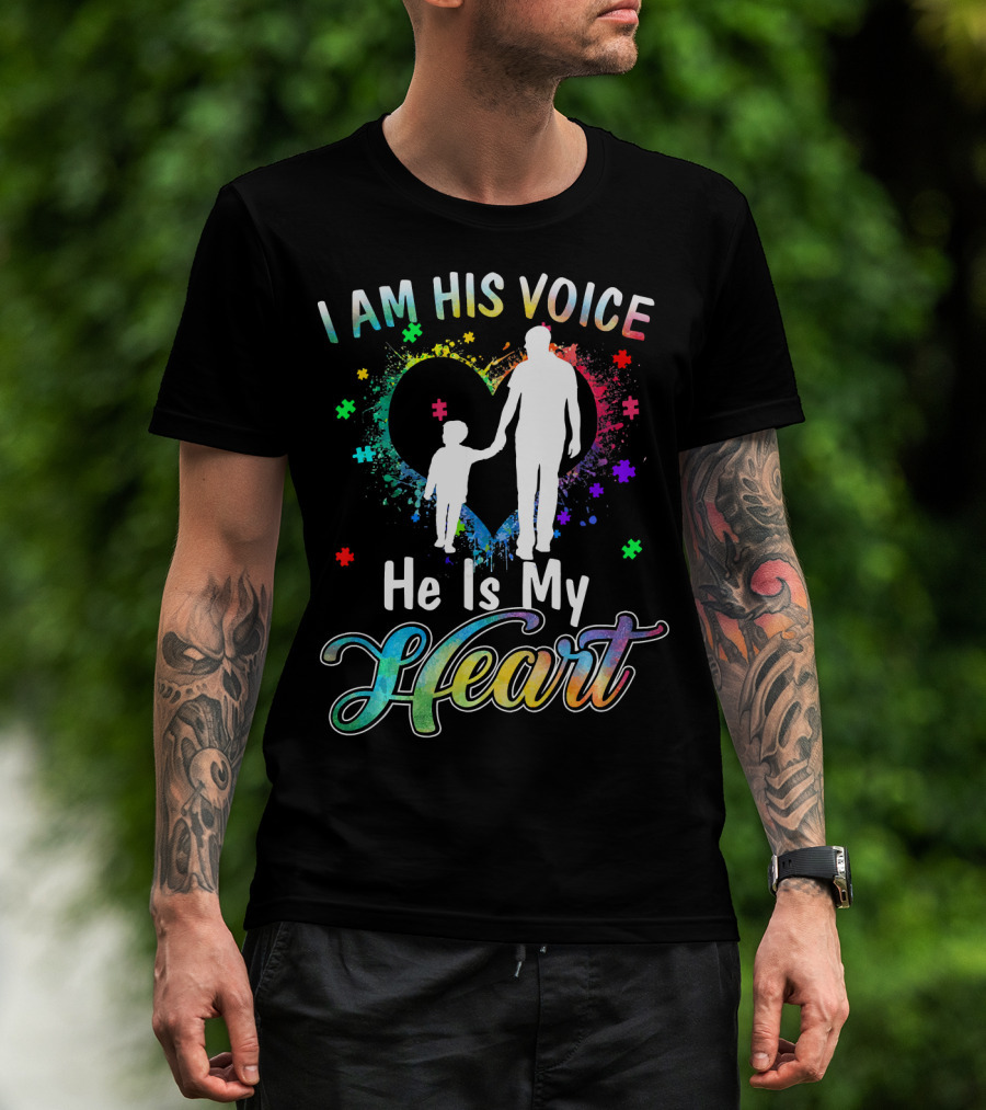 I Am His Voice He Is My Heart Autism Awareness Father And Child Silhouette With Colorful Puzzle T-Shirt