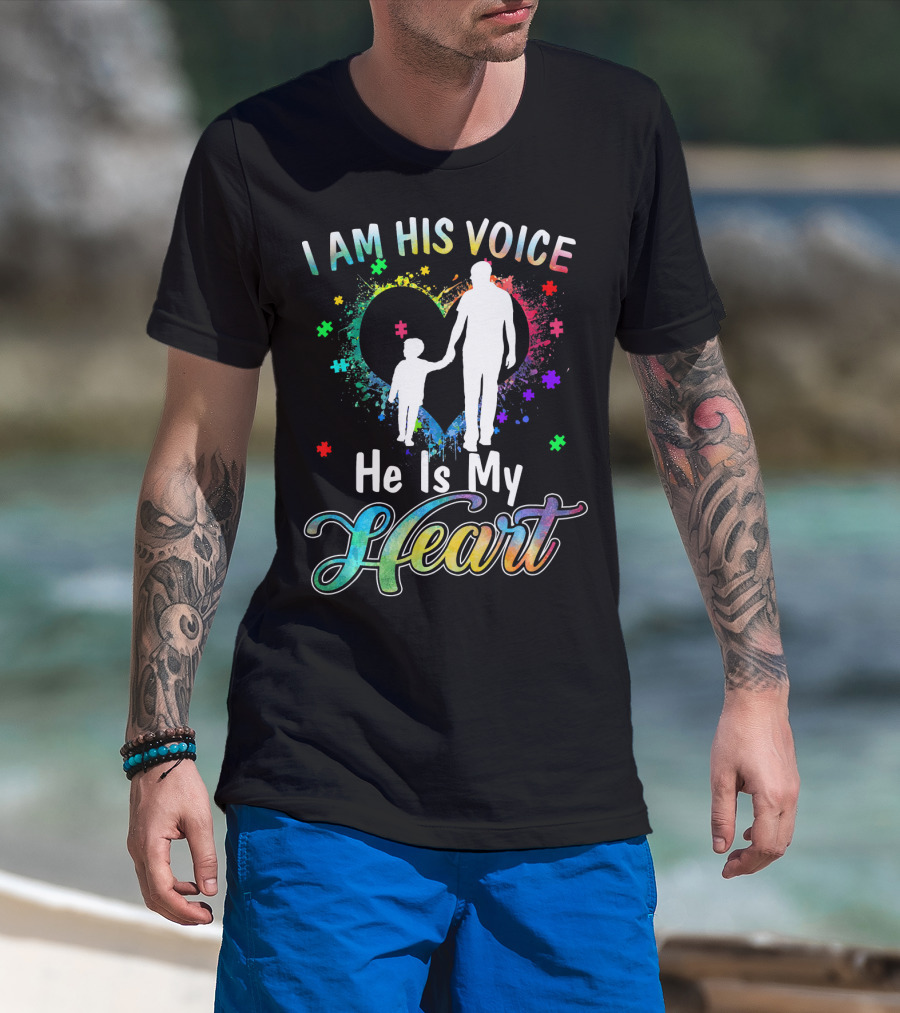 I Am His Voice He Is My Heart Autism Awareness Father And Child Silhouette With Colorful Puzzle T-Shirt