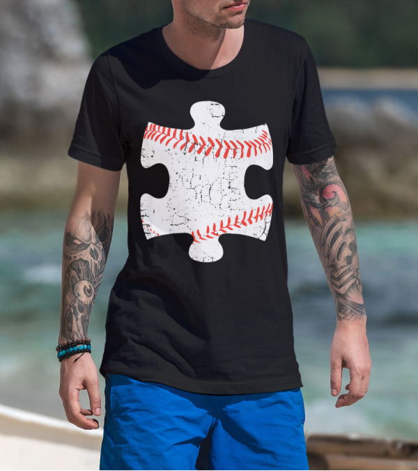 Baseball Stitch Puzzle Piece Autism Awareness T-Shirt