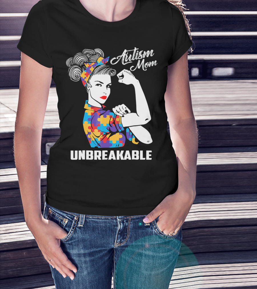 Autism Mom Unbreakable Puzzle Pattern Rosie The Riveter T-Shirt