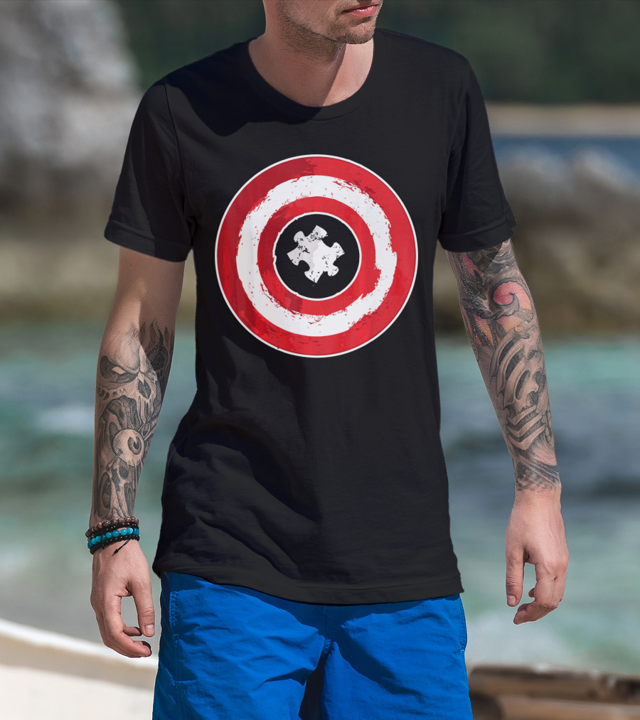 Autism Awareness Day Superhero Puzzle Piece Shield T-Shirt