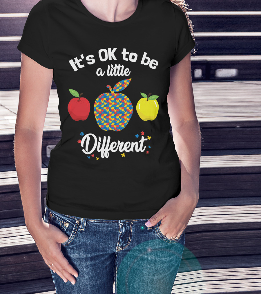 It's OK To Be A Little Different Apple Teacher Aut Puzzle Pattern Red Yellow T-Shirt