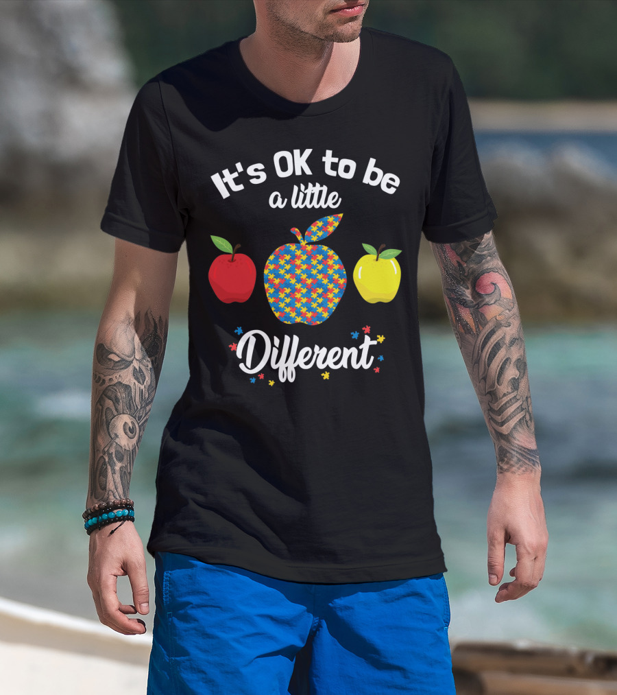 It's OK To Be A Little Different Apple Teacher Aut Puzzle Pattern Red Yellow T-Shirt