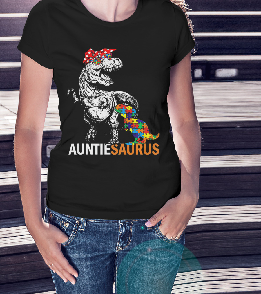 Auntie Saurus Puzzle Pattern Autism Dinosaur T-Shirt