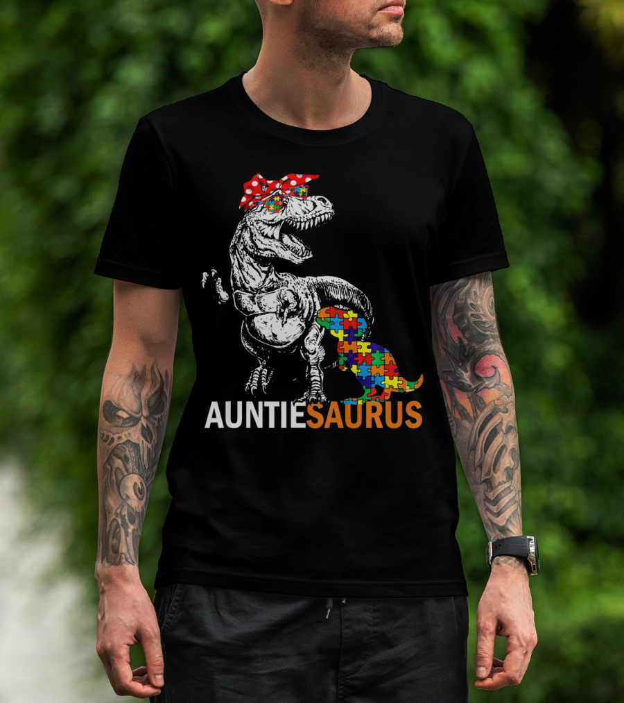 Auntie Saurus Puzzle Pattern Autism Dinosaur T-Shirt