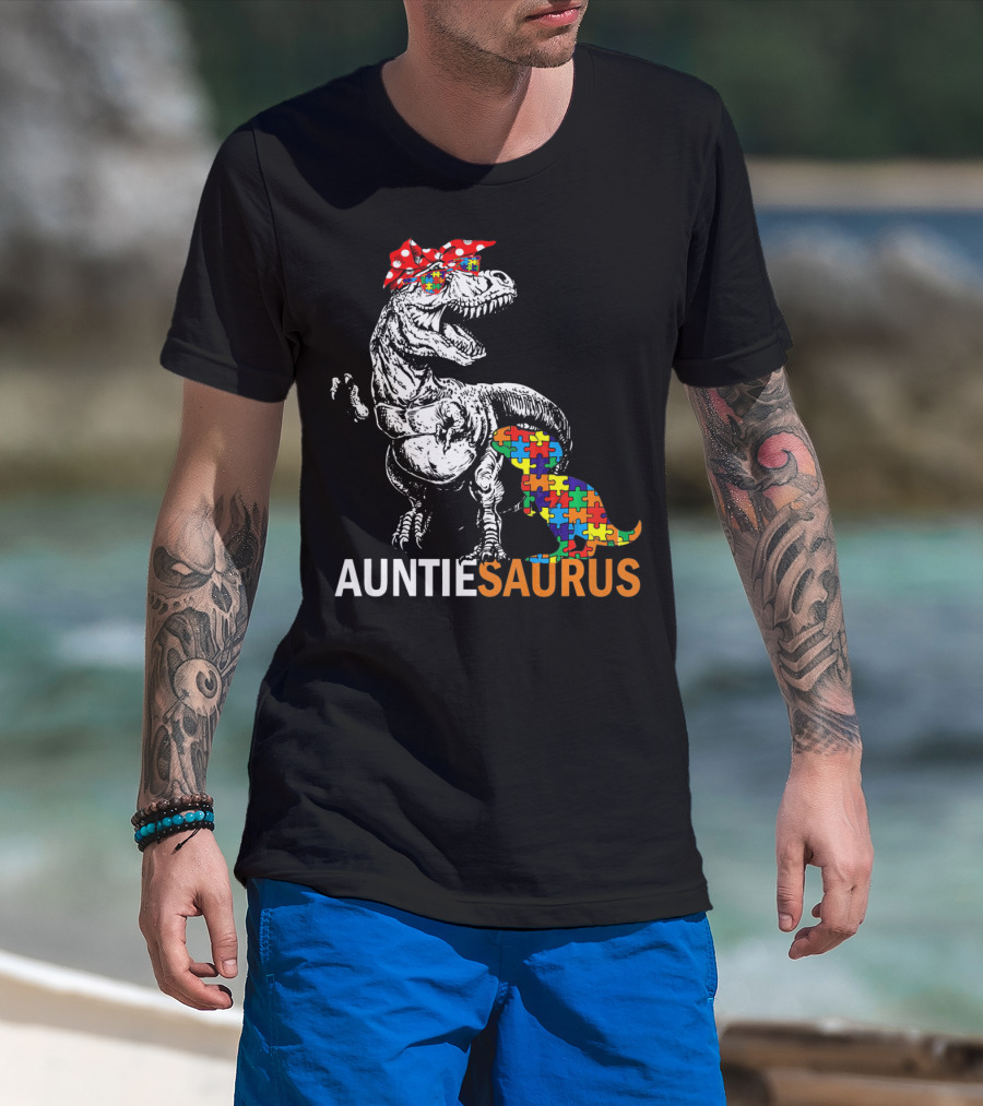 Auntie Saurus Puzzle Pattern Autism Dinosaur T-Shirt