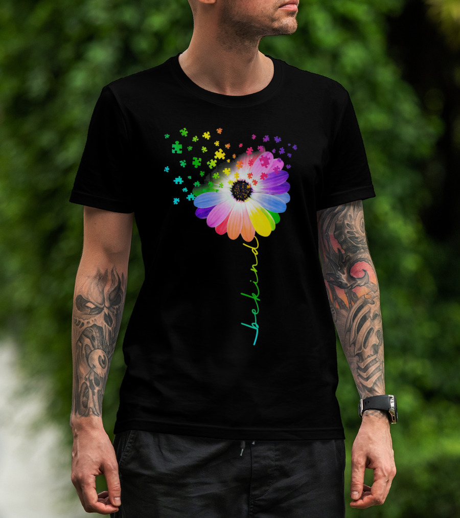 Flower Daisy Dandelion Be Kind Rainbow Puzzle Autism Awareness T-Shirt