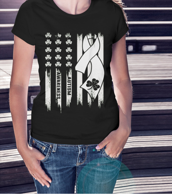 Autism Awareness Ribbon Patrick's Day American Flag Clover T-Shirt